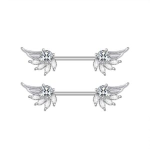 14G Angel Wings Stainless Steel Nipple Rings Sparkling Crystal Rhinestone CZ Straight Barbell Tongue Ring Nipplering Shield Bar Piercing Body Jewelry for Women (White)