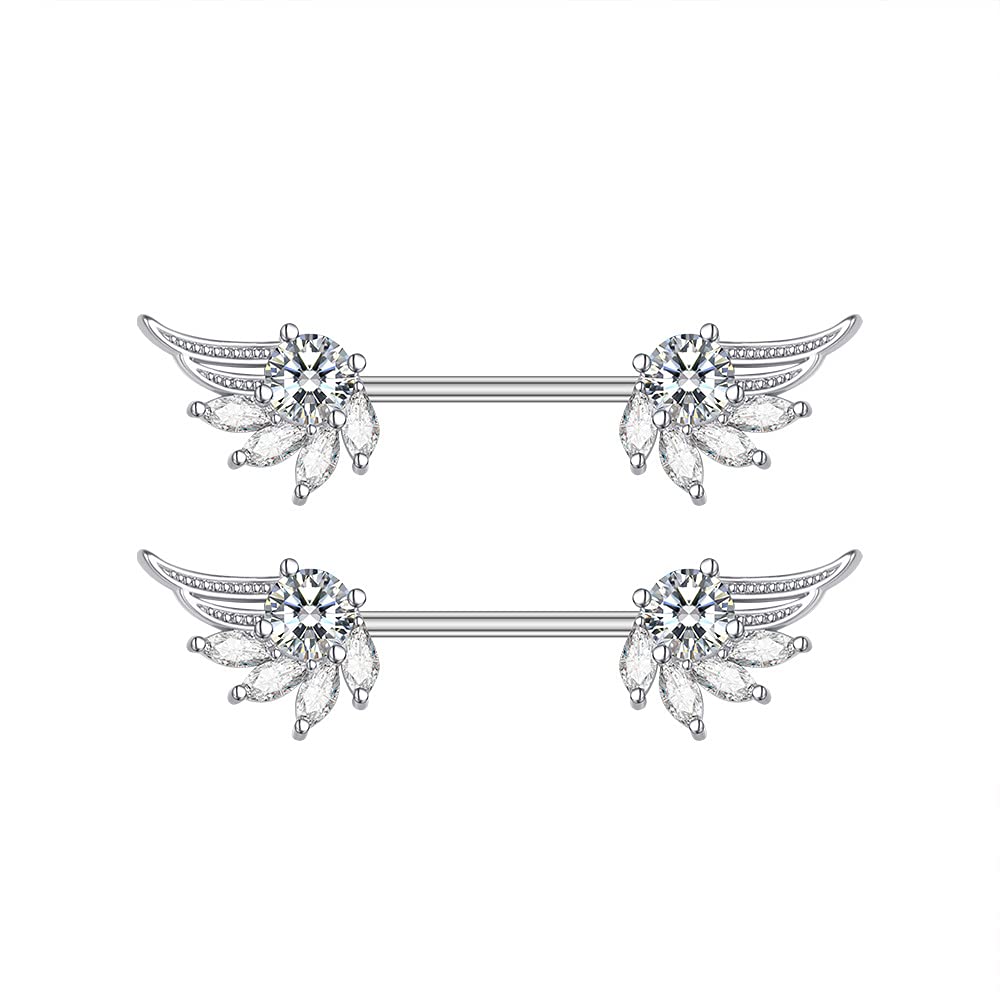 14G Angel Wings Stainless Steel Nipple Rings Sparkling Crystal Rhinestone CZ Straight Barbell Tongue Ring Nipplering Shield Bar Piercing Body Jewelry for Women (White)