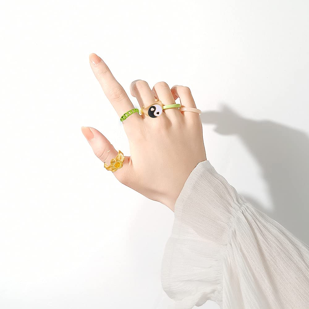 Y2K Resin Rings Colorful for Women Teen Girls,Chunky Rings Ying Yang Trendy Smiley Face Flower Heart Enamel Rings,Aesthetic Statement Stackable Ring Set Rings Jewelry (GREEN)