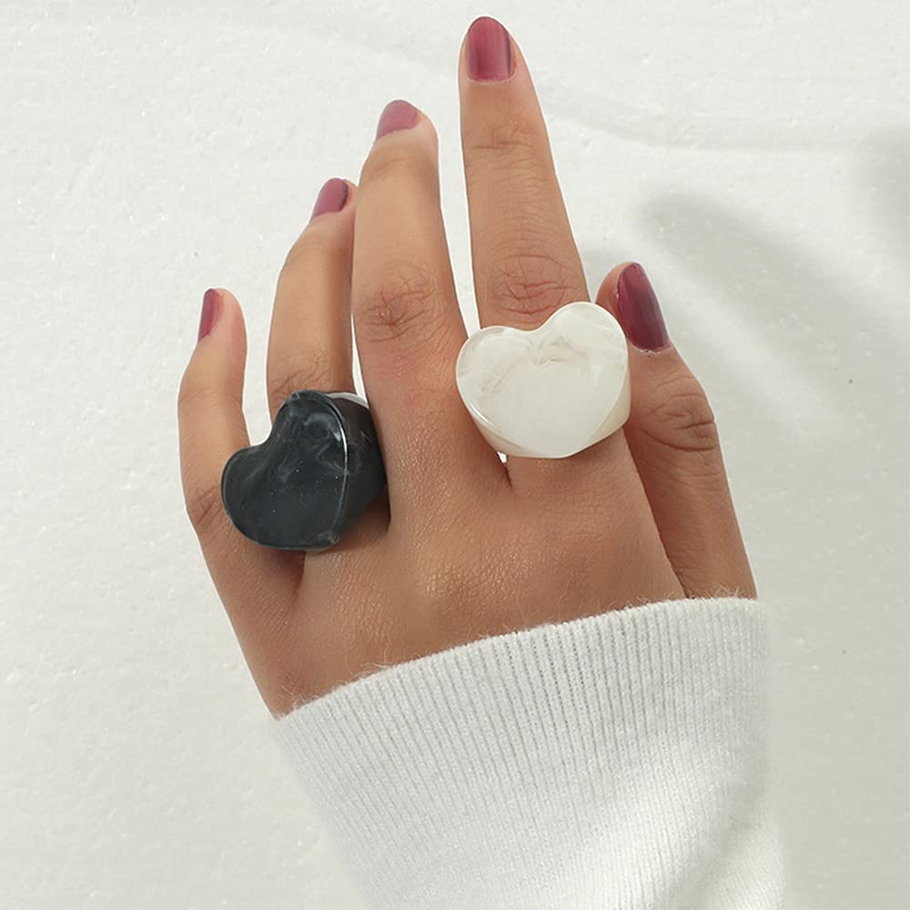 YERTTER 2PCS Trendy Acrylic Chunky Wide Band Rings Set for Women Resin Statement Rings Set Lightweight Vintage Exaggerated Rings Size 6-9 (White+Black)