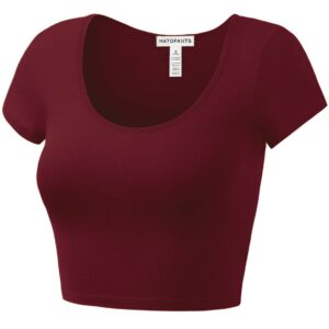 Women's Cotton Basic Scoop Neck Crop Tops Short Sleeve Tops DARKBURGUNDY M