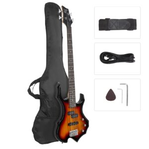 glarry electric bass guitar 4 strings buring fire style full size for beginner right hand with bag, strap and accessories (sunset)