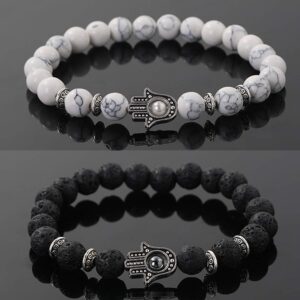 KIKILA 2Pcs Set Handmade Elastic 6mm Beads Hamsa Bracelet Natural Stone Evil Eye Hamsa Fatima Hand Charm Beaded Couples Bracelets Kabbalah Bracelet (Howlite +Lava)