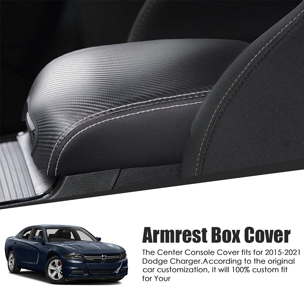 sportuli Center Console Cover Anti-Scratch Leather Armrest Cover Replace for 2011-2023 2024 Dodge Charger Chrysler 300 300C (Carbon Fiber)