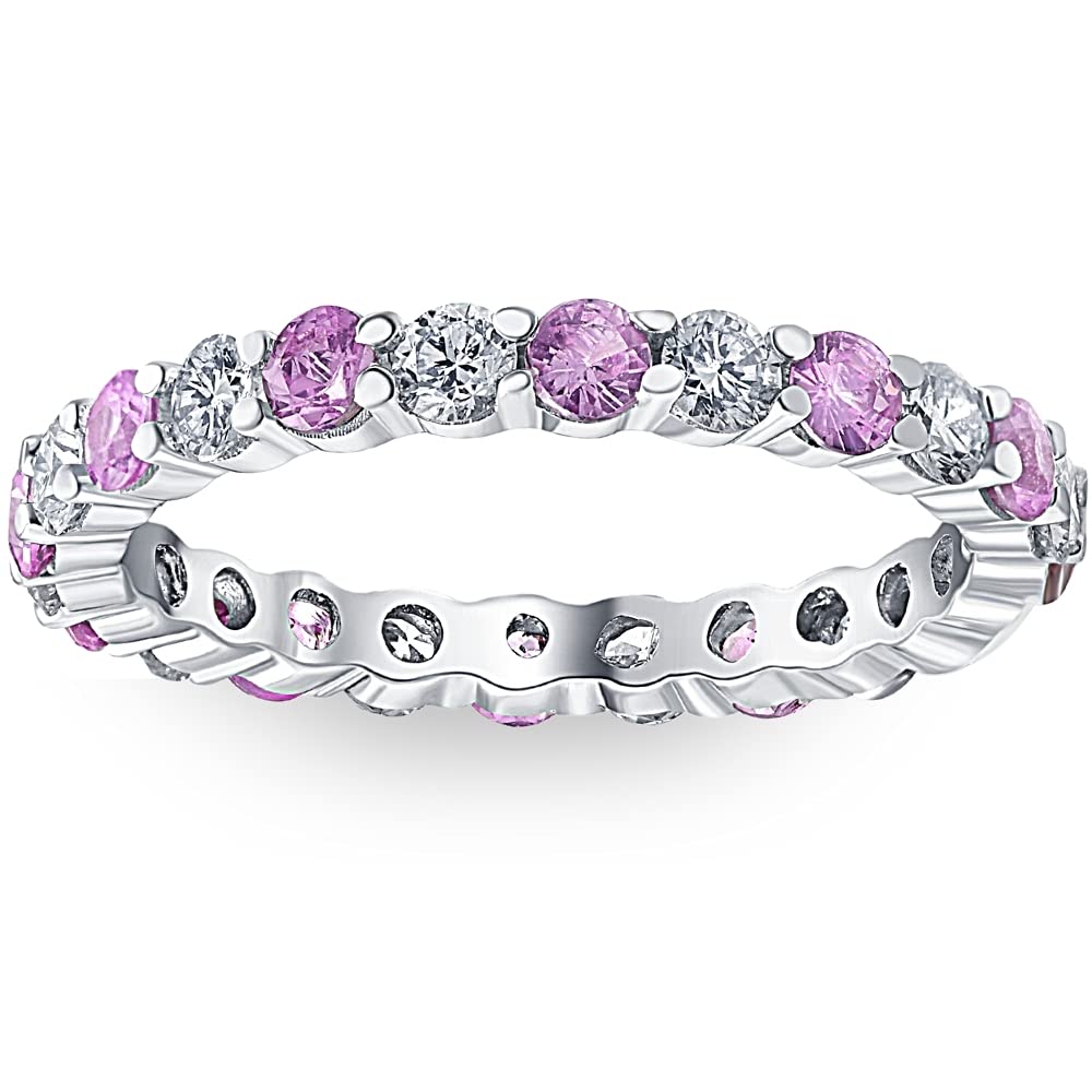 1 cttw Pink Sapphire & Diamond Wedding Eternity Ring 10k White Gold - Size 8