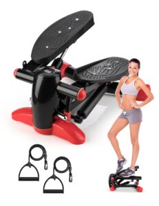 stair steppers for exercise, mini stepper with resistance bands portable stair climber fitness step machine with lcd monitor for home gym office workout exercise equipment, red