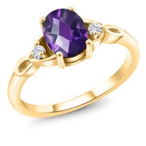 18K Yellow Gold Plated Silver Purple Amethyst and White Moissanite 3-Stone Rings For Women (1.28 Cttw, Gemstone February Birthstone, Oval Checkerboard 8X6MM, Available In Size 5, 6, 7, 8, 9)