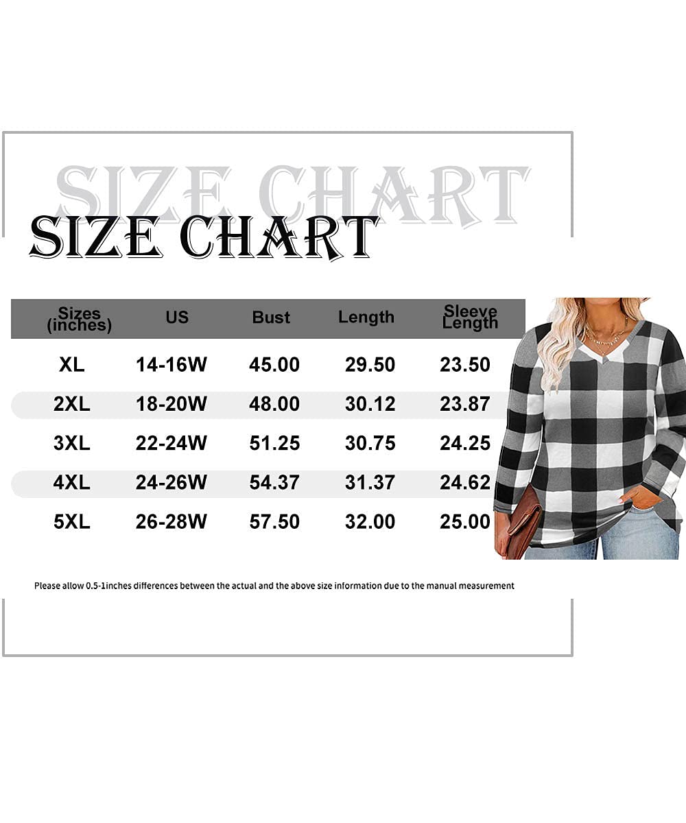 CARCOS Womens Plus Size Tops Checkered Long Sleeve Shirts V Neck Pullover Tunics Casual Black White Sweatshirts 5XL 26W 28W