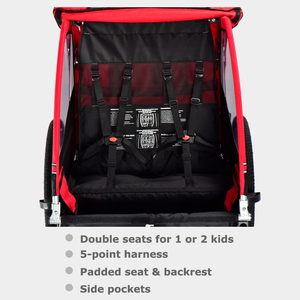 Veelar Sports Bike Trailer Double Seat for 1 or 2 toddlers, Kids, Child Bicycle Carrier (Red)