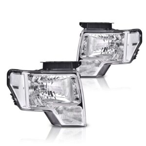 cnnell headlights compatible with 2009 2010 2011 2012 2013 2014 ford f150 replacement headlamps pair left+right not fit led style,only fit w/o led style(clear lens chrome housing clear reflector)