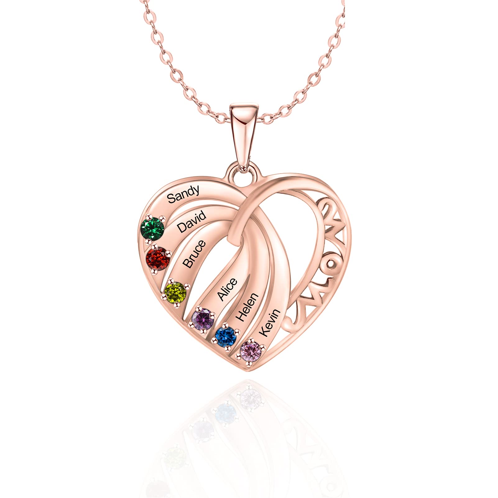 BAUMA AUTO Love Heart Pendant Necklace Mothers Name Necklace with 1-6 Simulated Birthstones Personalized Family Jewelry Gift for Women Mom (6 Names)