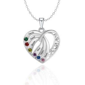 bauma auto love heart pendant necklace mothers name necklace with 1-6 simulated birthstones personalized family jewelry gift for women mom (6 names)