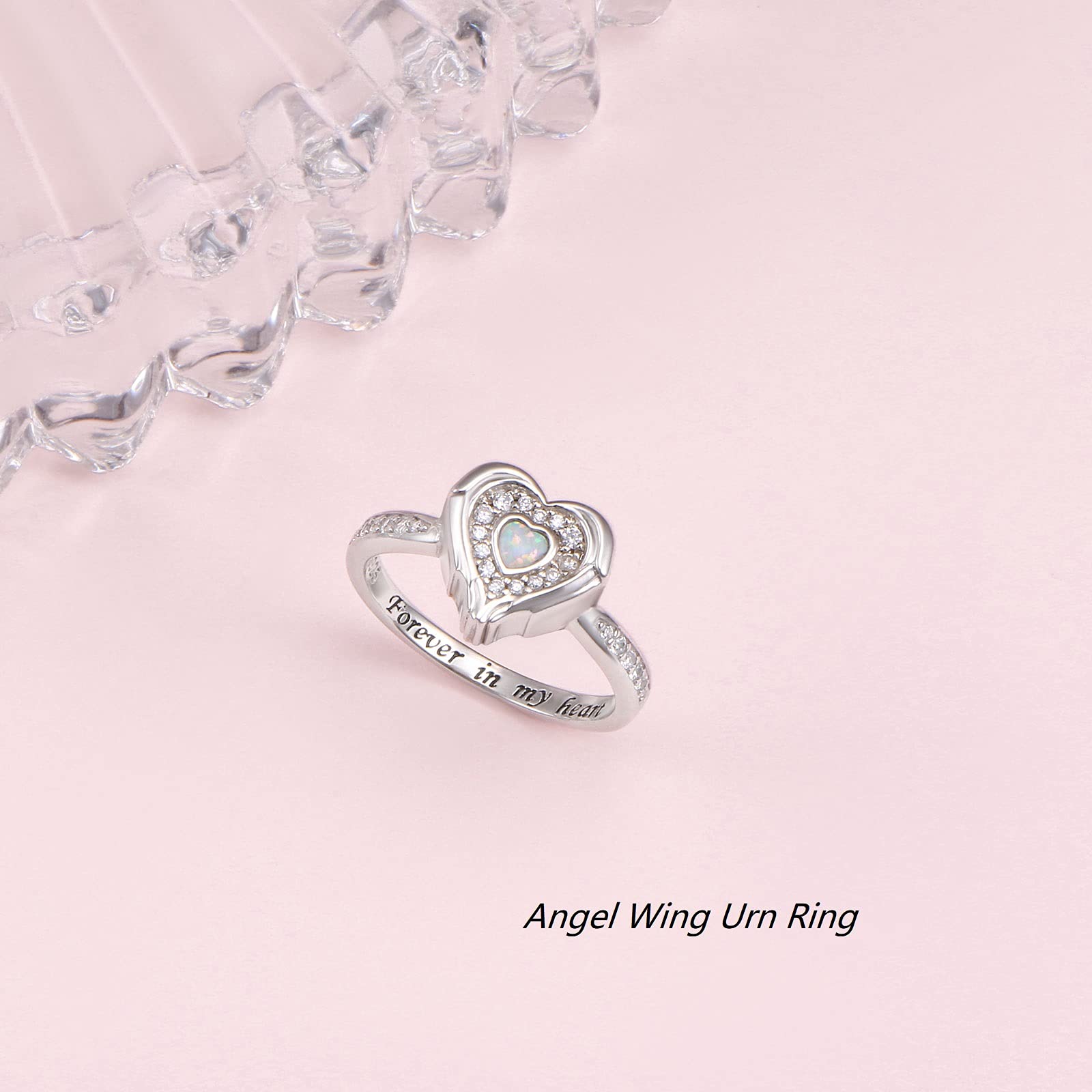 925 Sterling Silver Lab Opal Heart Urn Ring for Ashes Angel Wings Cremation Jewelry Memorial Keepsake Rings for Women Girls Size 7