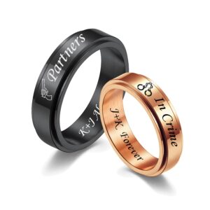 MZZJ Personalized Inside Partners in Crime Couple Ring Set Black Rose Gold Plated Stainless Steel Meditation Spinner Fidget Flat Rings Engagement Wedding Band