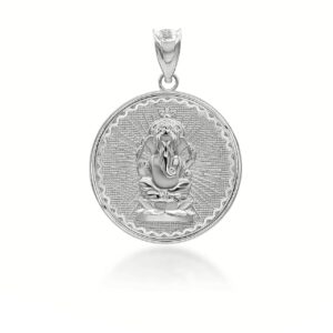 Solid .925 Sterling Silver Round Lord Ganesh Ganesha Hindu God Medallion Pendant