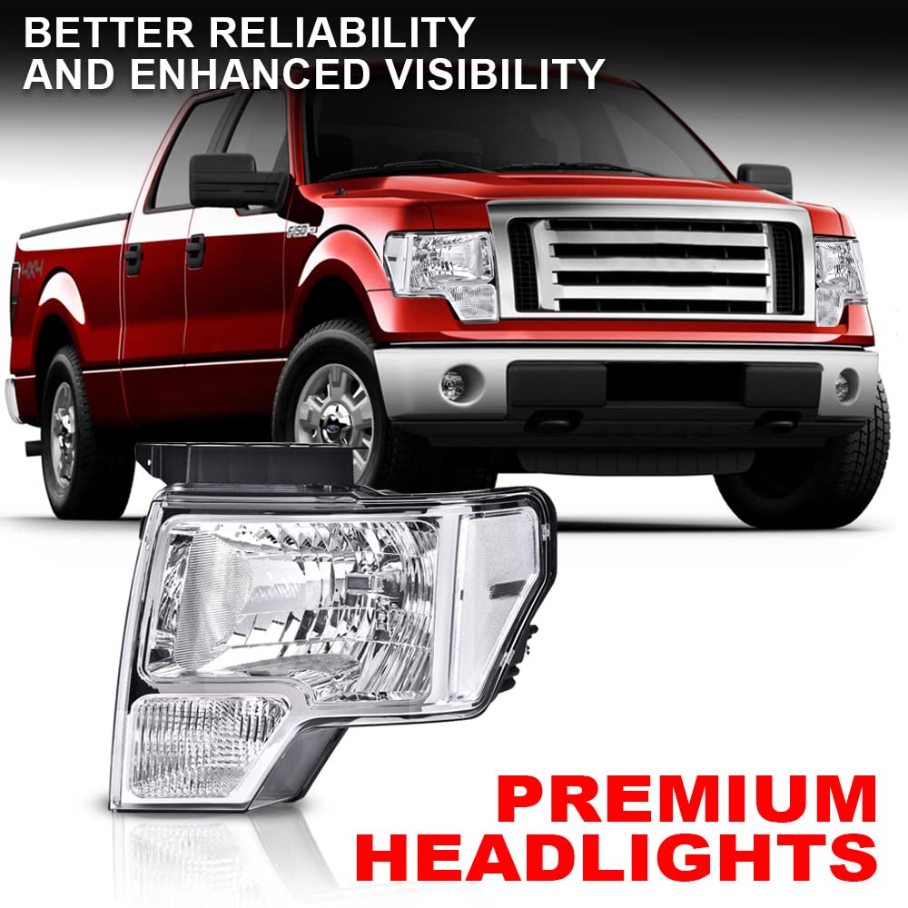 CNNELL Headlights Compatible with 2009 2010 2011 2012 2013 2014 Ford F150 Replacement Headlamps Pair Left+Right Not fit LED style,Only fit w/o LED style(Clear lens Chrome Housing Clear Reflector)