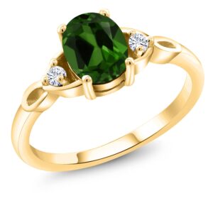 gem stone king 18k yellow gold plated silver green chrome diopside and white moissanite 3-stone rings for women (1.28 cttw, gemstone, oval 8x6mm, available in size 5, 6, 7, 8, 9)