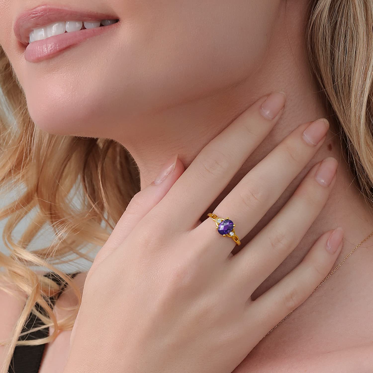 18K Yellow Gold Plated Silver Purple Amethyst and White Moissanite 3-Stone Rings For Women (1.28 Cttw, Gemstone February Birthstone, Oval Checkerboard 8X6MM, Available In Size 5, 6, 7, 8, 9)