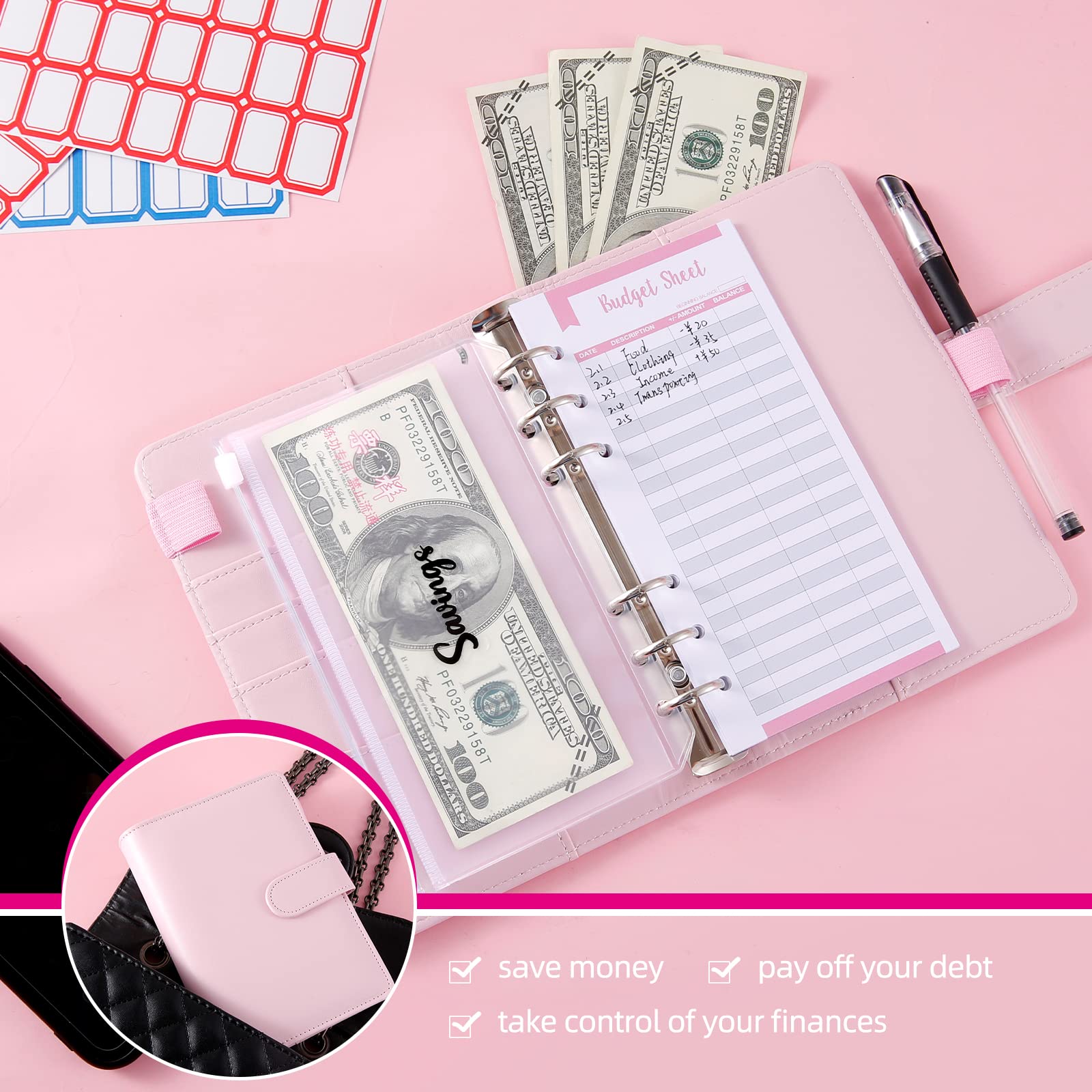 Budget Binder Cash Envelopes for Budgeting Money Organizer for Cash Money Envelopes for Cash Leather A6 Budget Binder with Zipper envelopes (Pink)