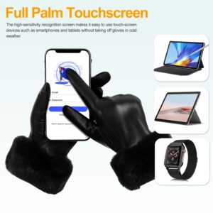 GSG Women Leather Gloves Rabbit Fur Cuff Touchscreen Winter Warm Driving GlovesBlack L