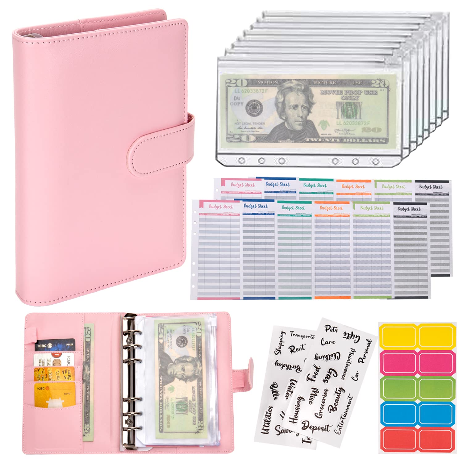 Budget Binder Cash Envelopes for Budgeting Money Organizer for Cash Money Envelopes for Cash Leather A6 Budget Binder with Zipper envelopes (Pink)