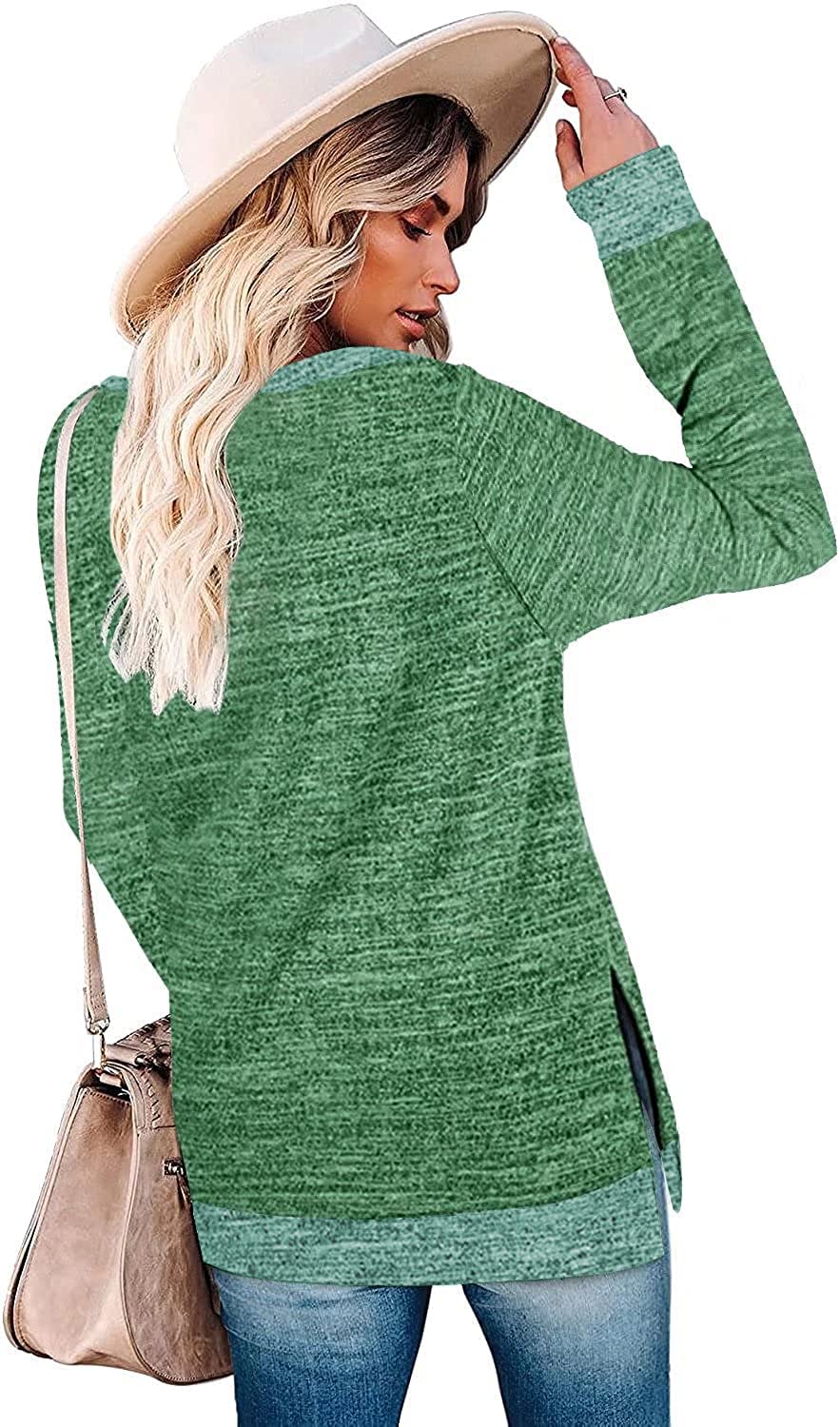 WELINCO Women's Long Sleeve Sweatshirts Color Block Crewneck Sweaters Tunic Tops(Green X-Large)