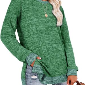 WELINCO Women's Long Sleeve Sweatshirts Color Block Crewneck Sweaters Tunic Tops(Green X-Large)