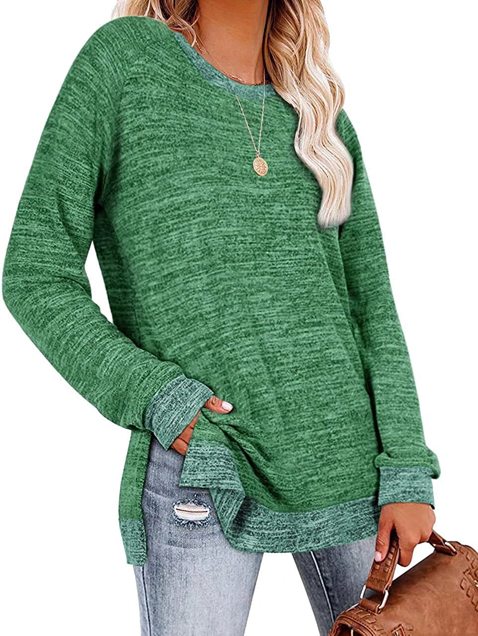 WELINCO Women's Long Sleeve Sweatshirts Color Block Crewneck Sweaters Tunic Tops(Green X-Large)