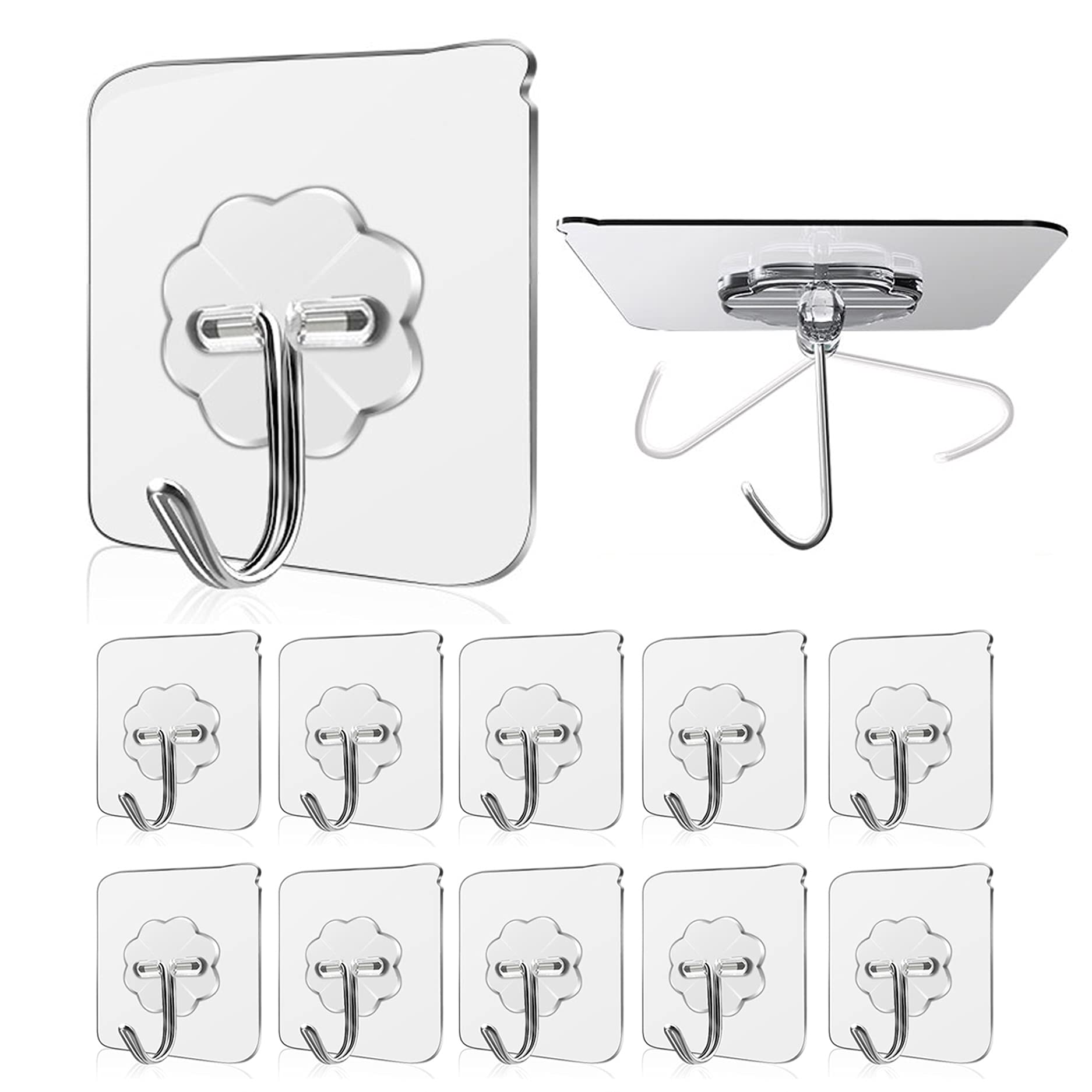 WOVU Wall Hooks 33 lbs(Max) Transparent Seamless Hooks for Hanging,Waterproof Oilproof Bathroom Kitchen Heavy Duty Adhesive Hooks,Coat Hooks, Utility Towel Bath Ceiling Hooks (10Pack)