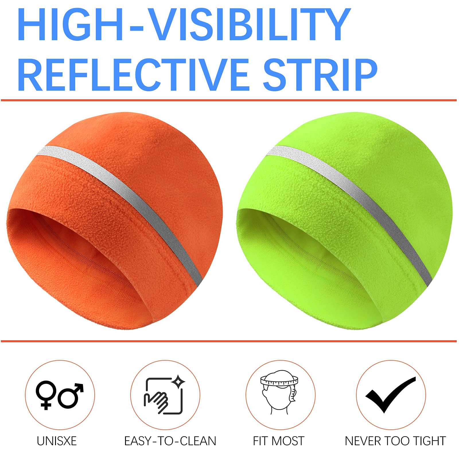 3 Pieces Reflective Fleece Hat Neon Safety Beanies Adult High Visibility Skull Watch Hat with Reflective Stripe (Fluorescent Green, Fluorescent Orange, Black)