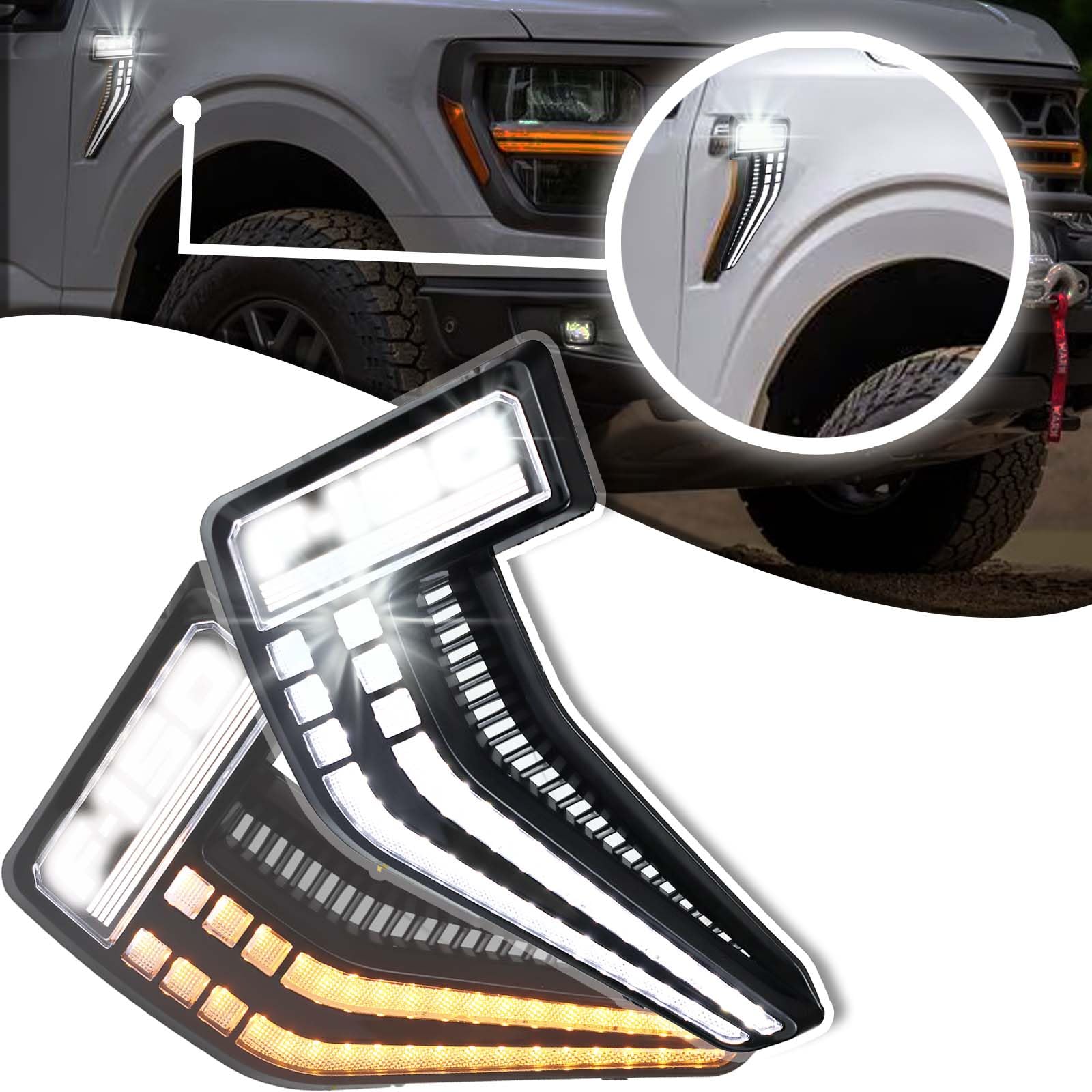 PGTOPONE Smoked Shell Clear Lens Sequential Flash Signal DRL Side Marker Lamp Compatible With Ford F150 Raptor 2020 2021 2022 2023 Pickup Truck Front Fender Edge (Side marker light)