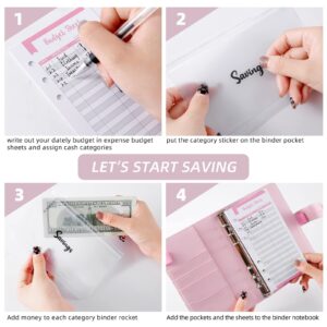 Budget Binder Cash Envelopes for Budgeting Money Organizer for Cash Money Envelopes for Cash Leather A6 Budget Binder with Zipper envelopes (Pink)