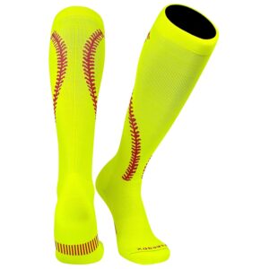 mk socks softball stitch neon yellow with red stitching knee high socks (l)