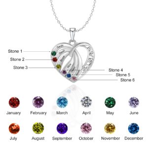 BAUMA AUTO Love Heart Pendant Necklace Mothers Name Necklace with 1-6 Simulated Birthstones Personalized Family Jewelry Gift for Women Mom (6 Names)