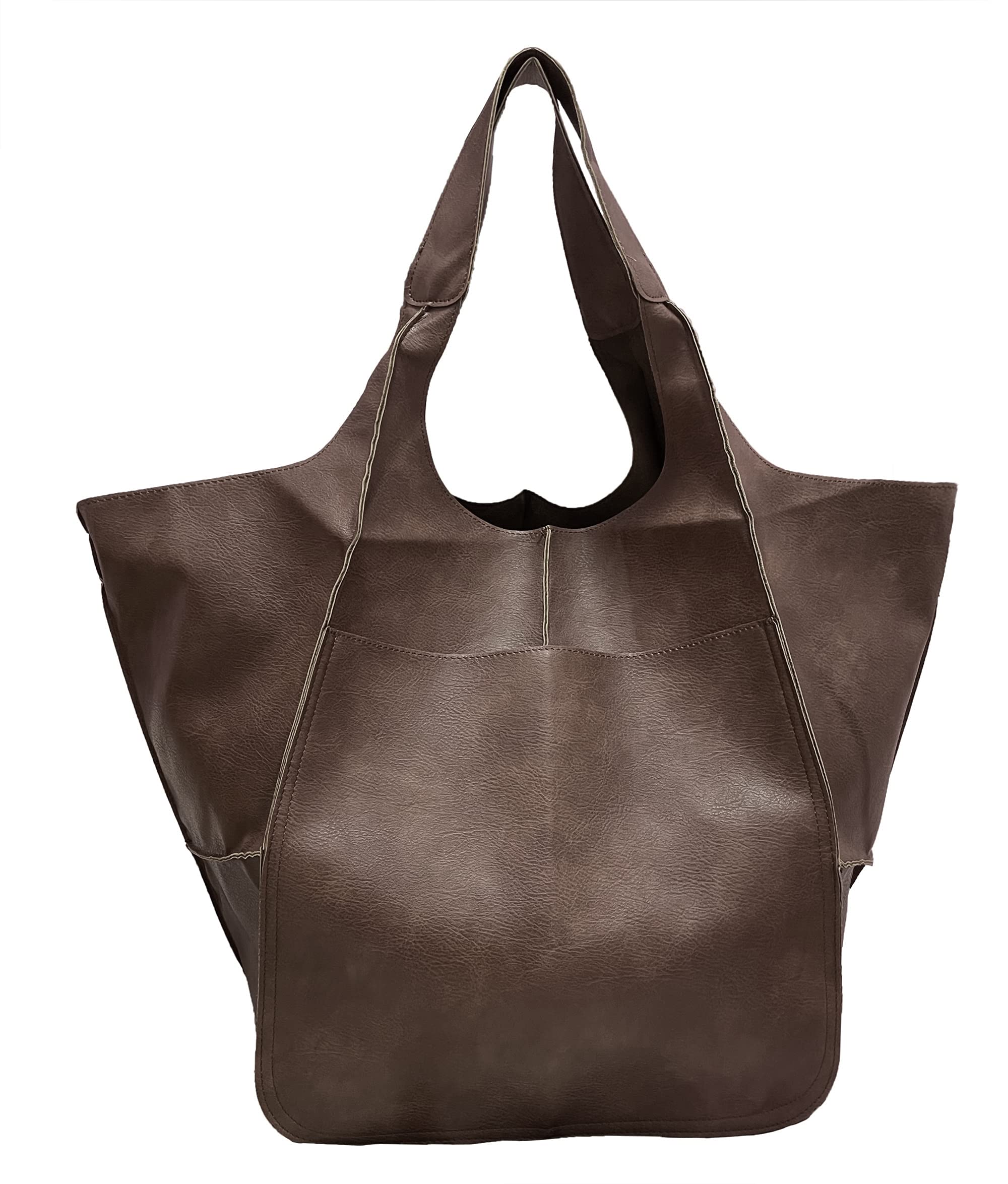 Qunsia Oversized Soft Leather Shoulder Bag Foldable Hobo Bag Weekend Travel Tote (Coffee)