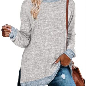 WELINCO Women's Long Sleeve Loose Casual Fall Pullover Side Split Tunic Tops Grey Large