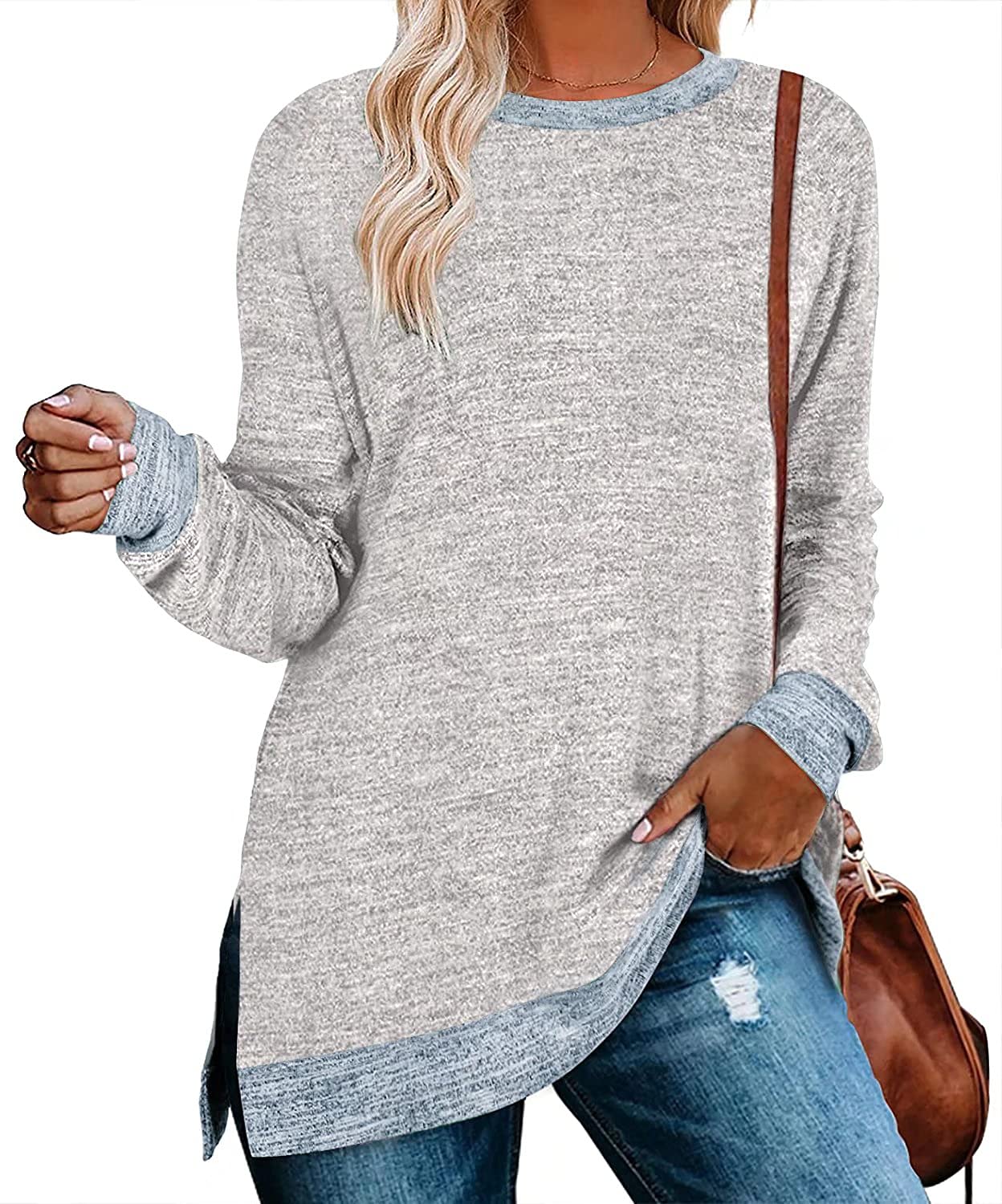 WELINCO Women's Long Sleeve Loose Casual Fall Pullover Side Split Tunic Tops Grey Large