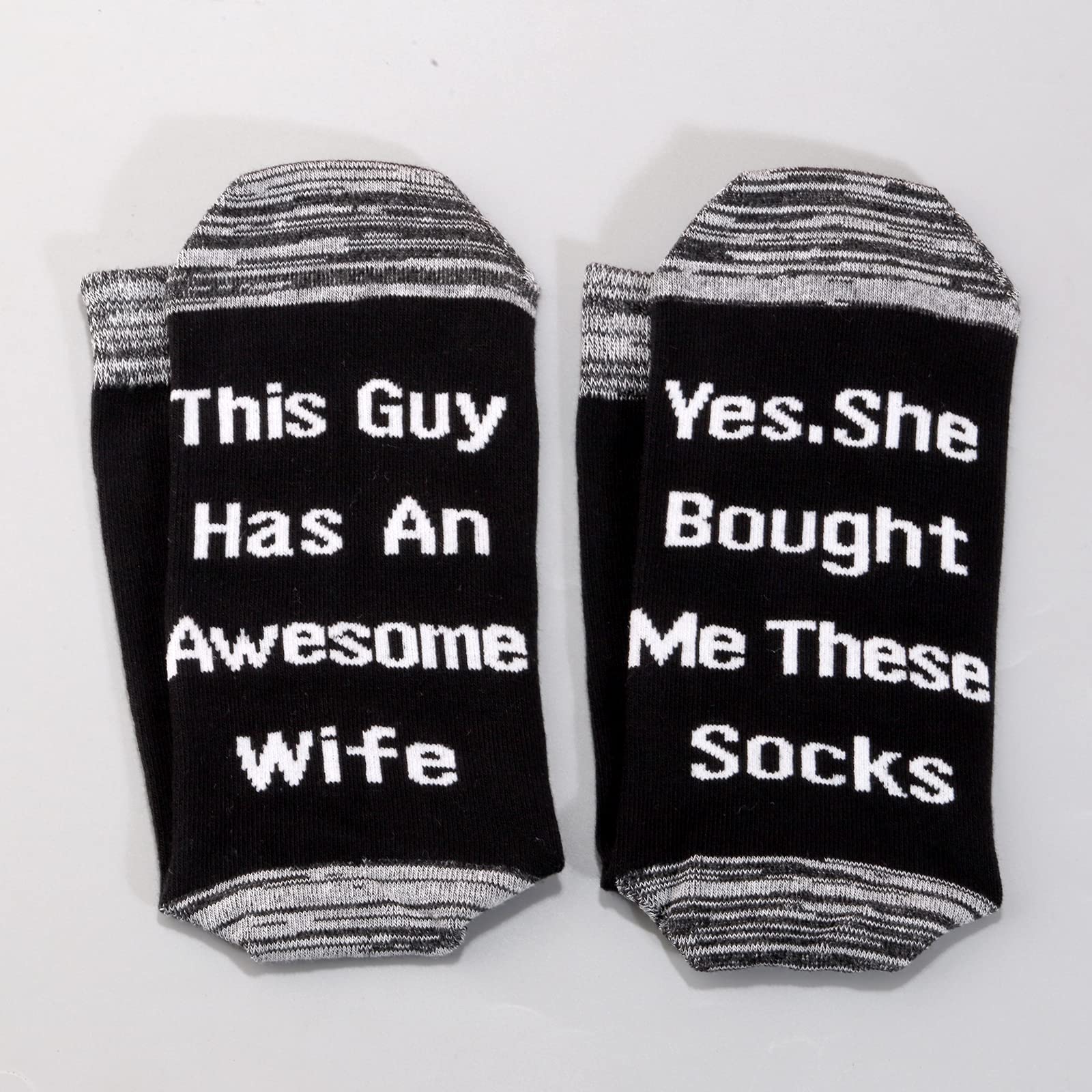 LEVLO Novelty Birthday Gift This Guy Has An Awesome Wife he Bought Me These Socks Cotton Socks Gifts for Him (2 pairs-mid calf-1)