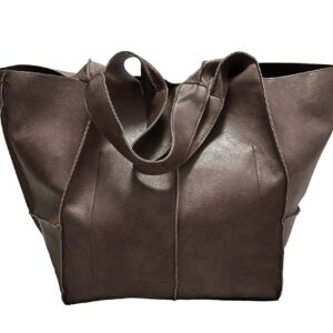 Qunsia Oversized Soft Leather Shoulder Bag Foldable Hobo Bag Weekend Travel Tote (Coffee)