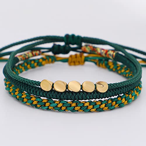 Pingyongchang 3 PCS Handmade Rope Red String Hand-Knitted Bracelets Tibetan Buddhist Woven Lucky Adjustable Cotton Copper Beads Bracelets for Women Men Friendship Gifts Jewelry-Green