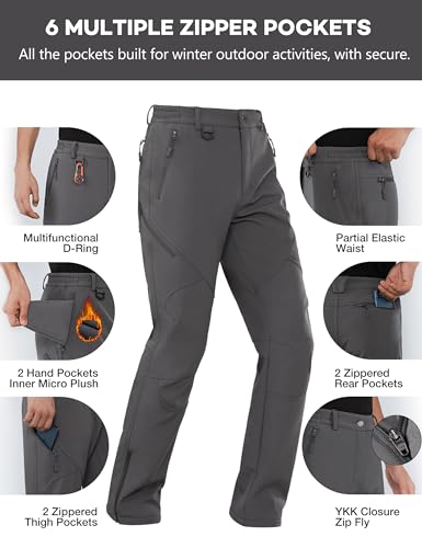 Stlight Mens Snow Ski Water Repellent Softshell Pants for Winter Hiking Fleece Lined Bottom Leg Zipper with 6 Zip Pockets(Grey 34W/30L)