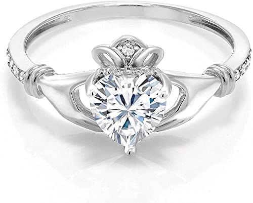 VINSON 14K White Gold Plated Silver Created Solitaire Irish Celtic Claddagh Ring Forever Brilliant Heart Shape 0.80cttw Moissanite (8.5)