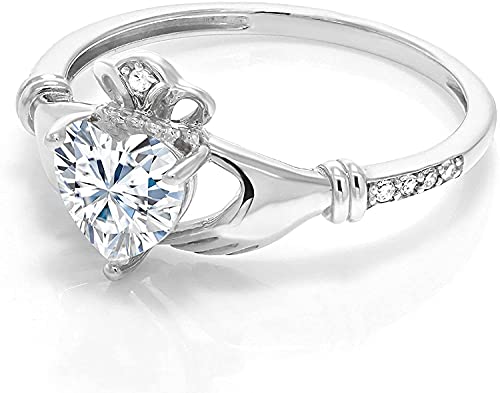 VINSON 14K White Gold Plated Silver Created Solitaire Irish Celtic Claddagh Ring Forever Brilliant Heart Shape 0.80cttw Moissanite (8.5)