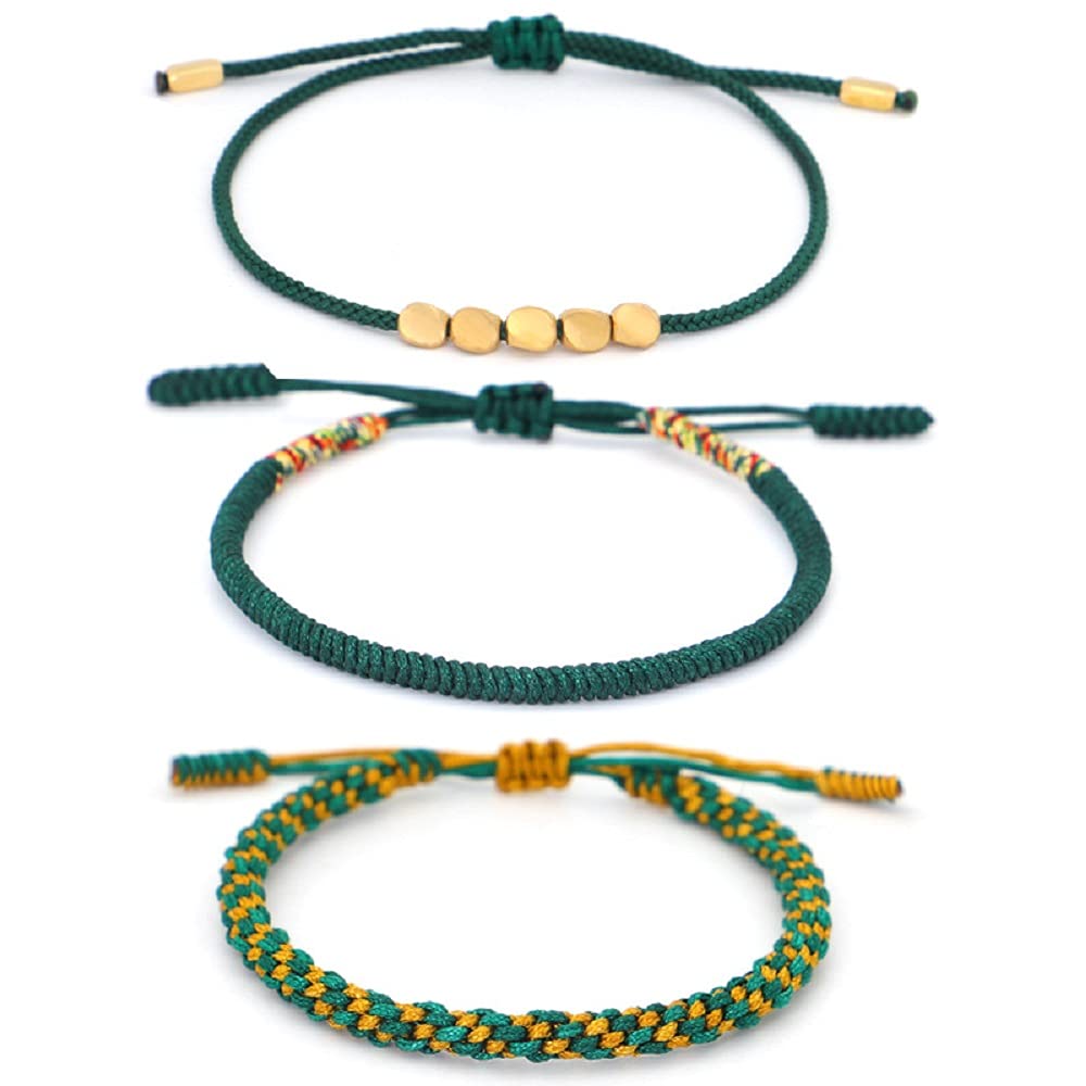 Pingyongchang 3 PCS Handmade Rope Red String Hand-Knitted Bracelets Tibetan Buddhist Woven Lucky Adjustable Cotton Copper Beads Bracelets for Women Men Friendship Gifts Jewelry-Green