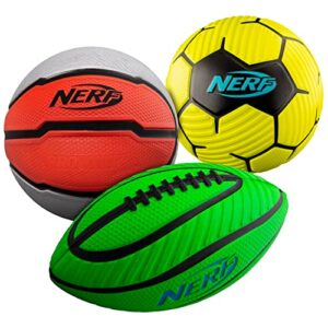 nerf mini foam sports ball set - foam football, soccer ball + basketball set soft foam sports set for kids - multicolor