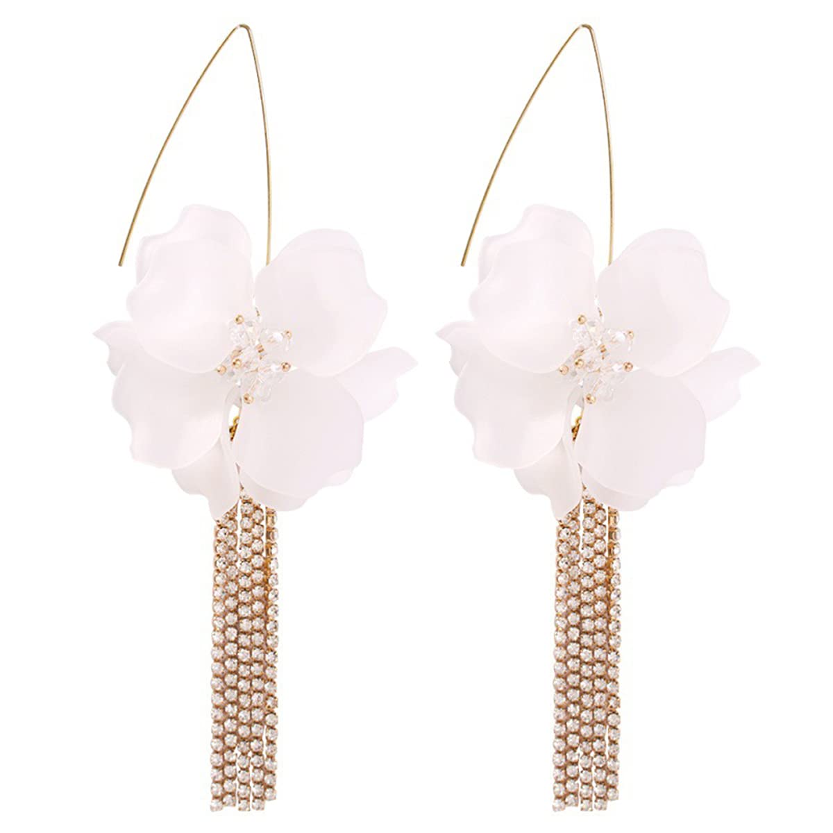 Xerling Boho Flower Petal Dangle Drop Earrings Gold Rhinestone Tassel Chain Fringe Acrylic Resin Floral Earrings for Party Wedding Crystal Statement Bridal Hoop Earrings (White)