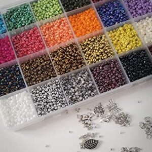 Bead Bracelet Kit - DIY Jewelry Making with Multi-Colored Glass Beads (24 Colors, 200 Pieces Each) and String in Classic Container