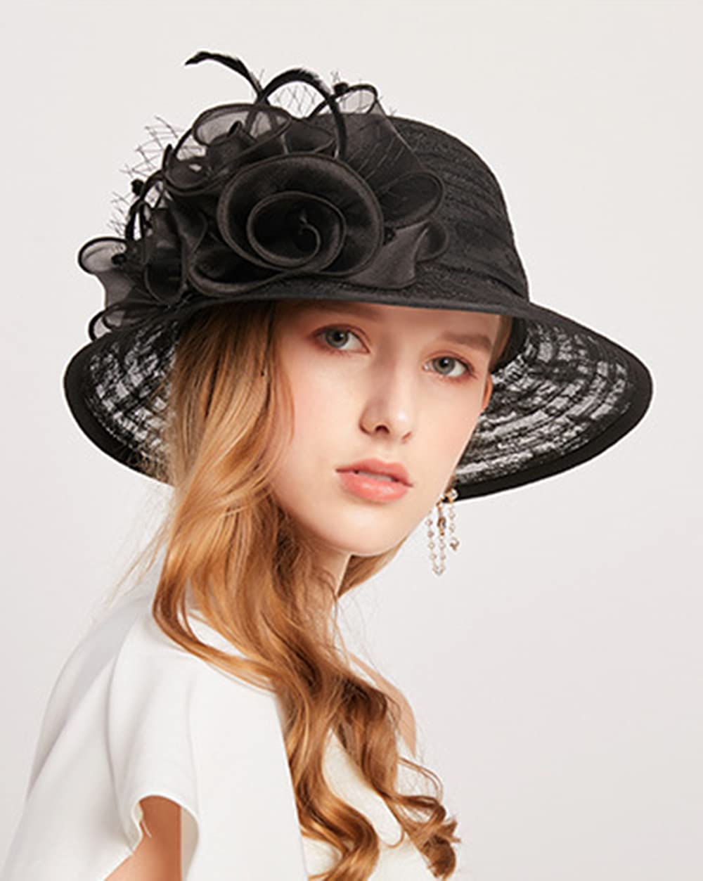 ORIDOOR Women's Organza Cloche Bowler Hat Church Kentucky Derby Fascinator for Tea Party Bridal Wedding Dress Hat (012C Black), One Size