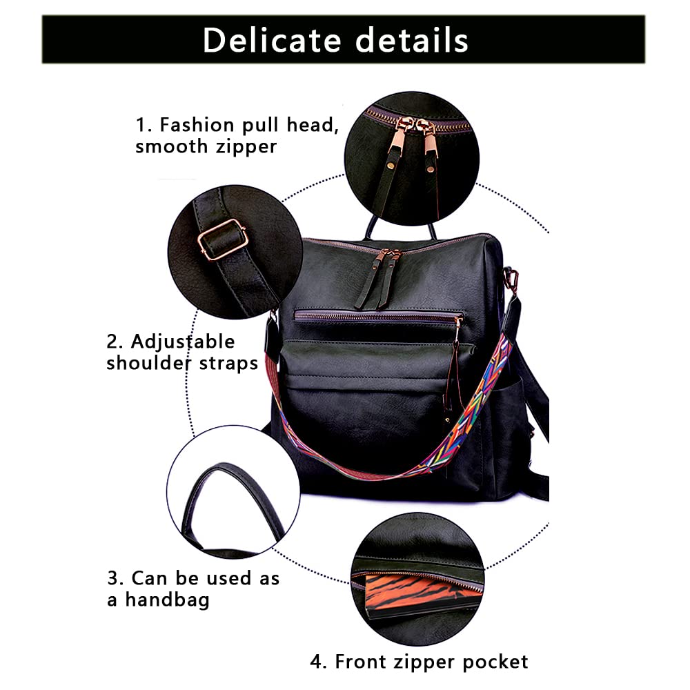 ROOSALANCE Leather Women Backpack Purse Fashion Large Multipurpose Convertible Backpack Shoulder Bag Handbags Ladies, Womens Travel Backpack Purse Black