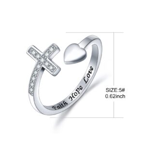 Yearace Cross Rings 925 Sterling Silver CZ Adjustable Faith Hope Love Cross Open Ring for Women Men Sideways Cross Christian Religious Stackable Ring- US Size 6